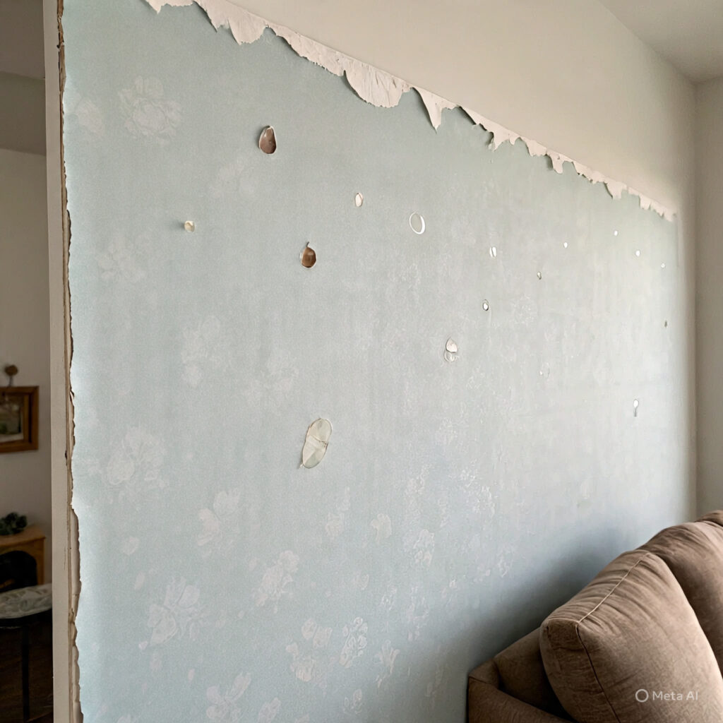 A section of a wall with wallpaper, with small bubbles 

